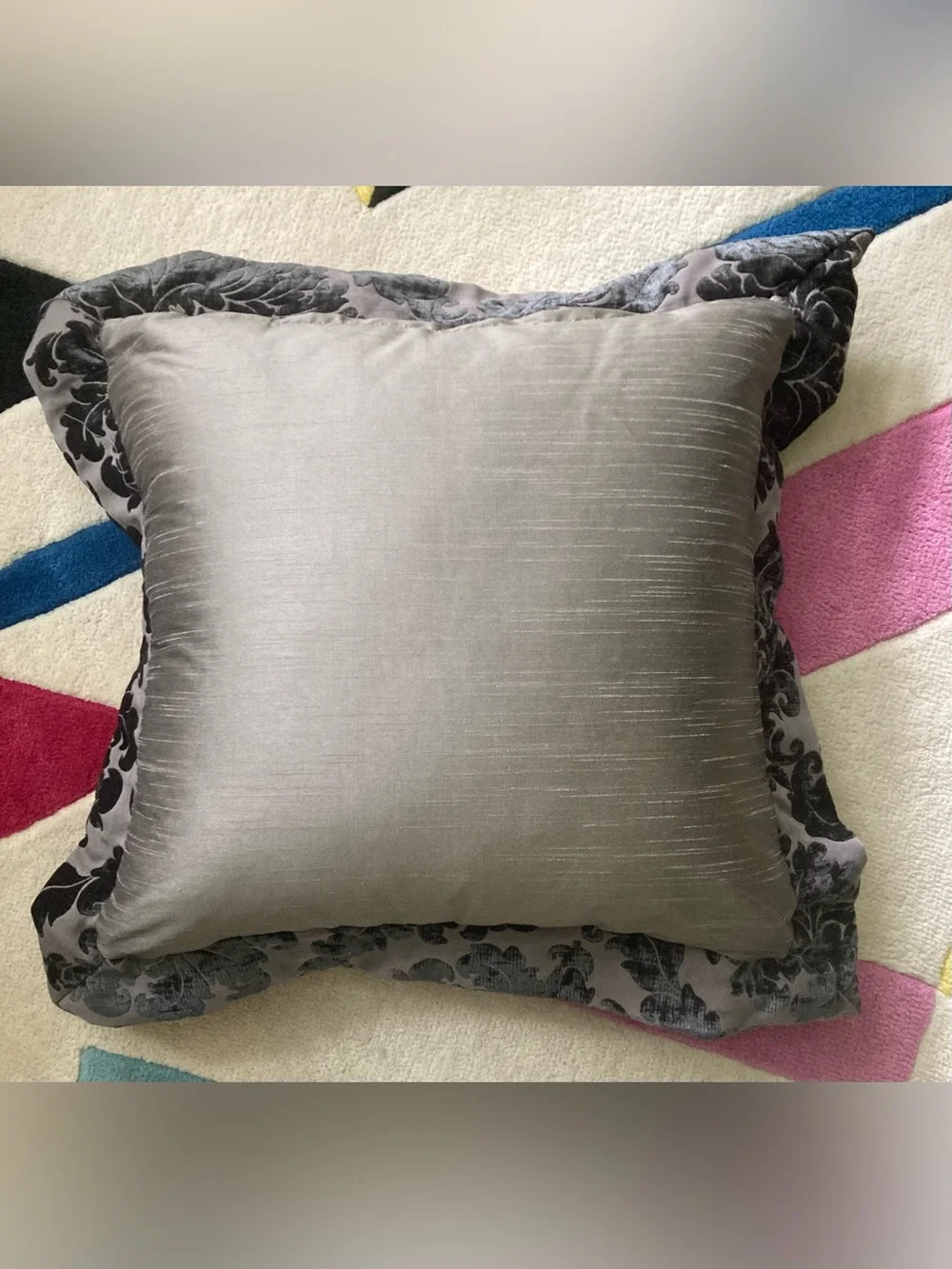Frontgate Marmont Pewter Grey Velvet Damascus Black Lattice Throw Pillow 20”